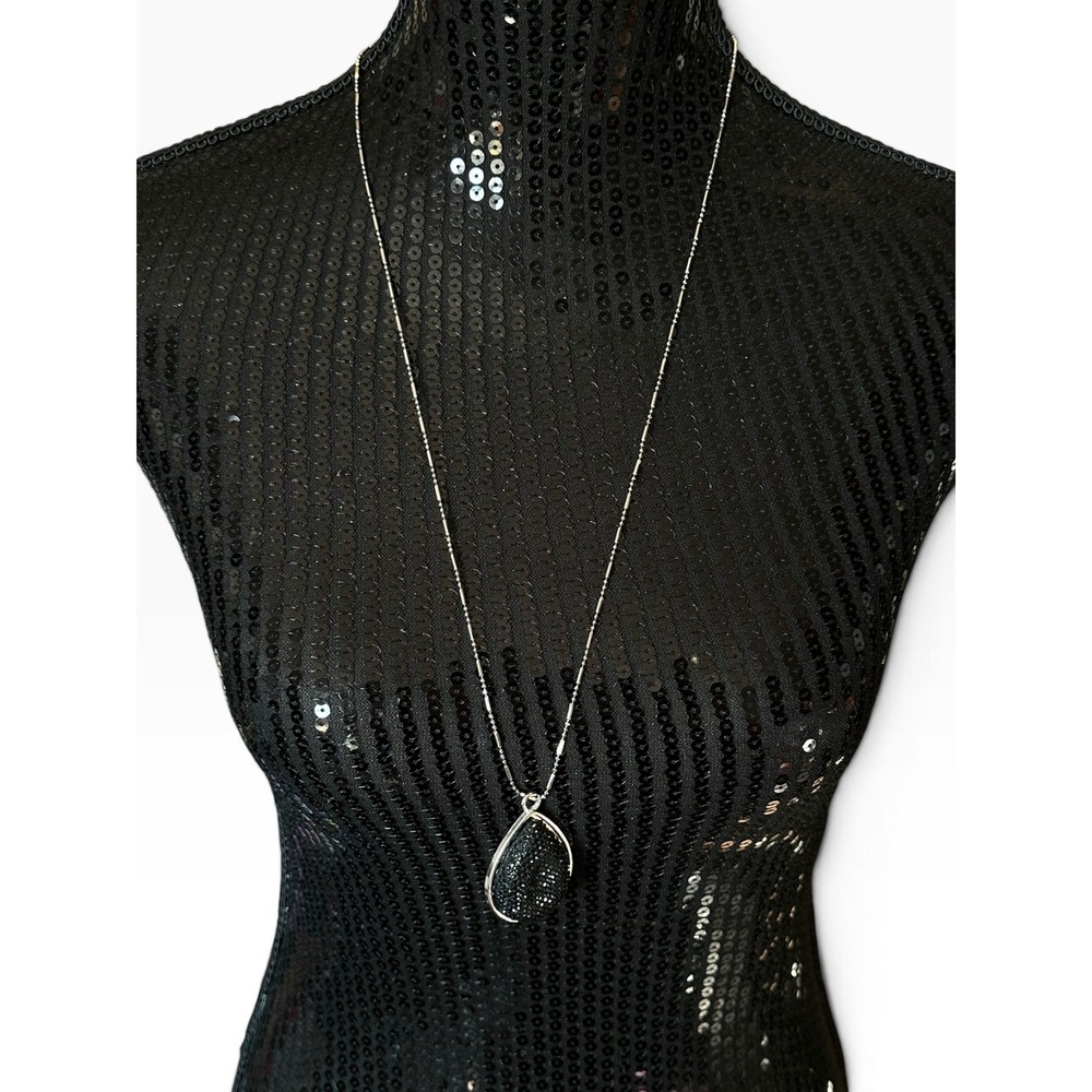 Pendant Necklace 30" Silver Bar Ball Tone Black Teardrop Druzy Style